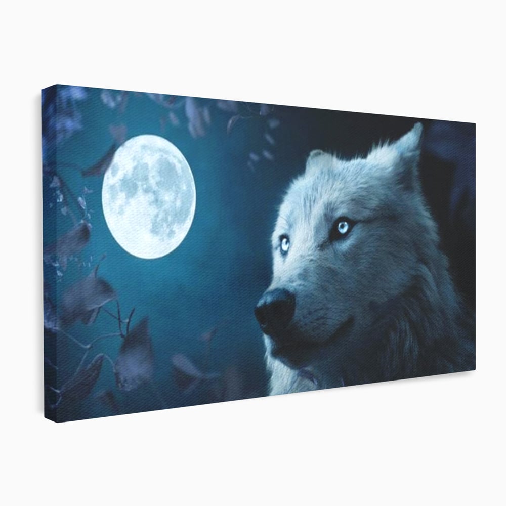 Tablou canvas cu tablou canvas cu lup si luna plina, fara rama, pe sasiu de lemn